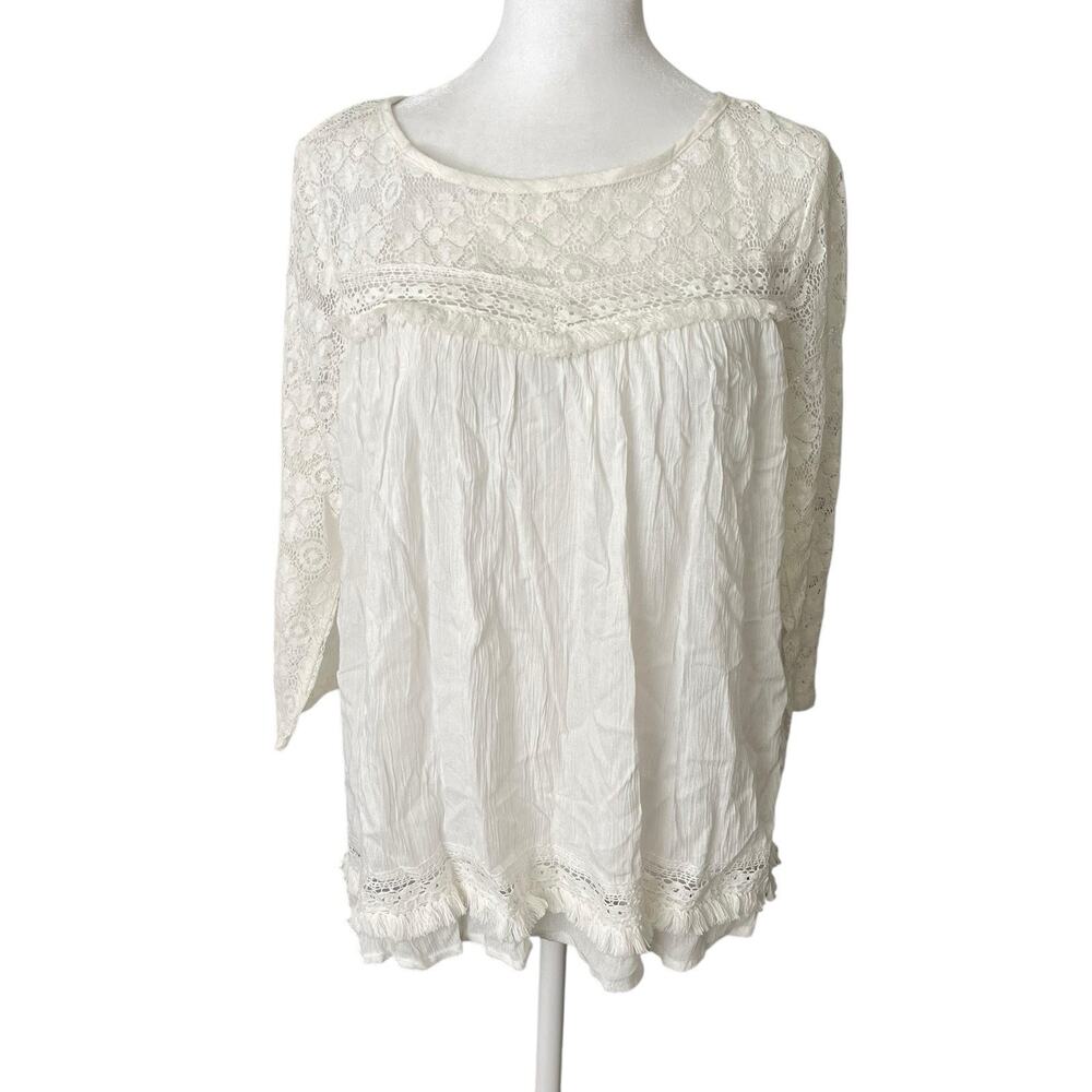 NWT Umgee Womens Small Peasant Blouse White Open Back Fringe Flowy Top Boho
